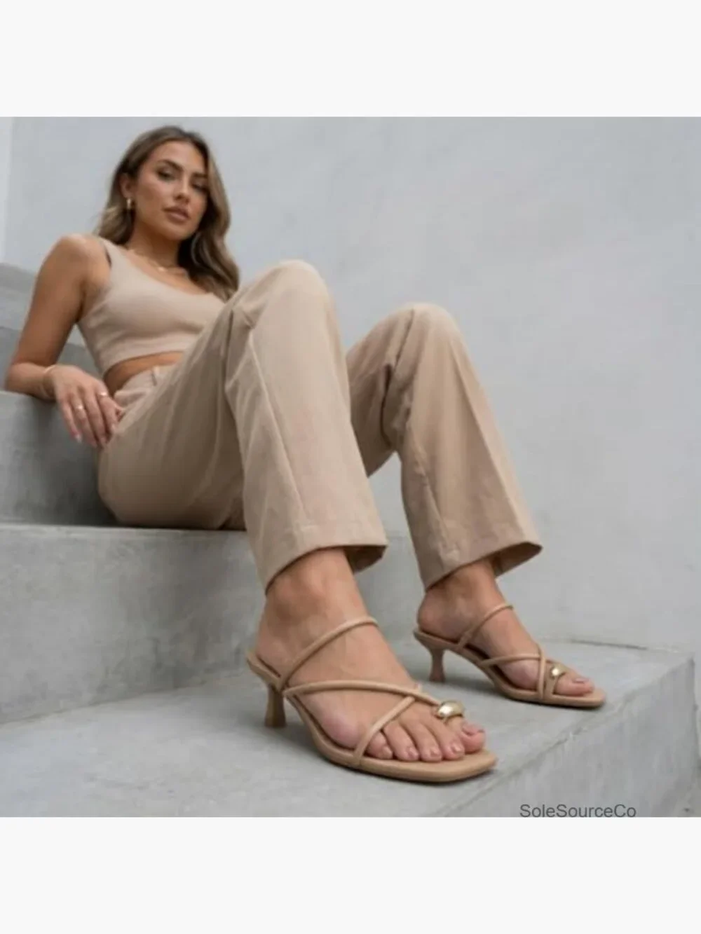 Strappy Kitten Heel Sandals Square Toe Vegan Leather Slip On Dress Shoes